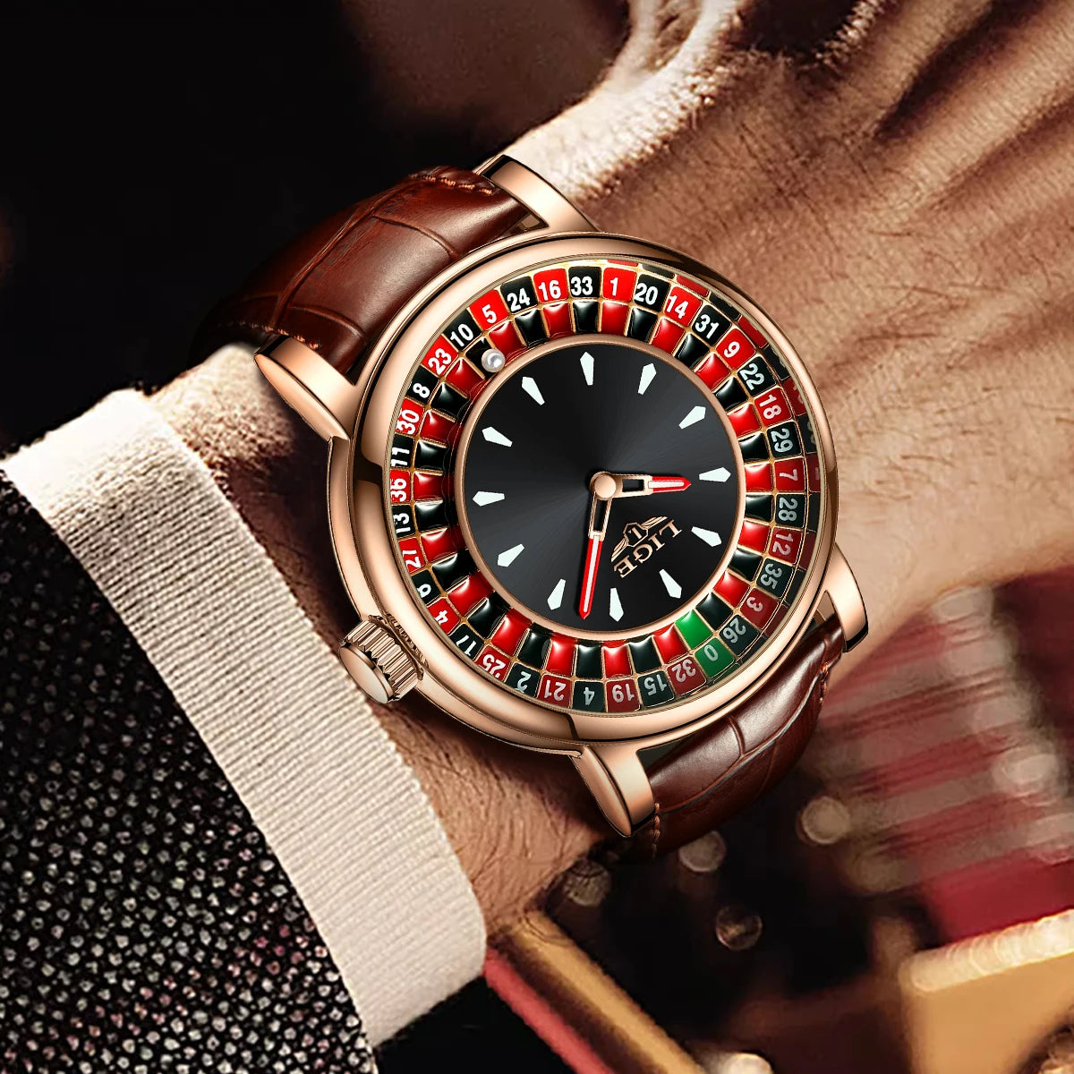 LIGE Fashion Brown Leather Watch Men