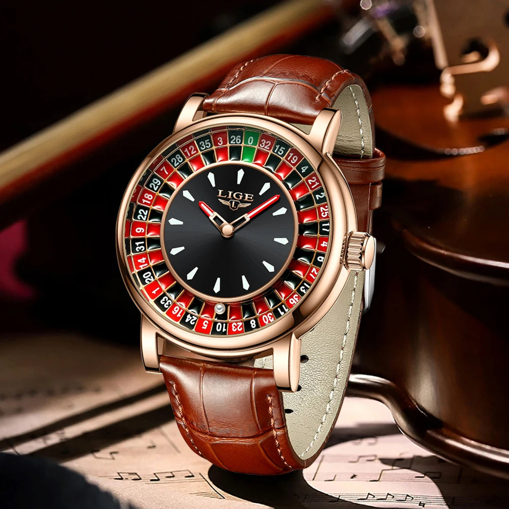 LIGE Fashion Brown Leather Watch Men