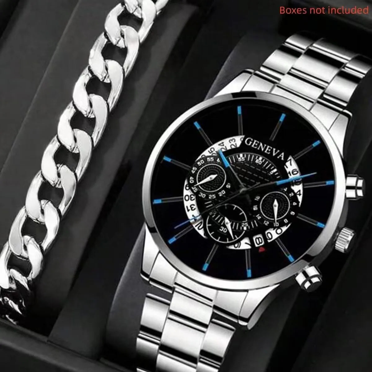2pcs Luxury Men Business Watch Stainless Steel Calendar