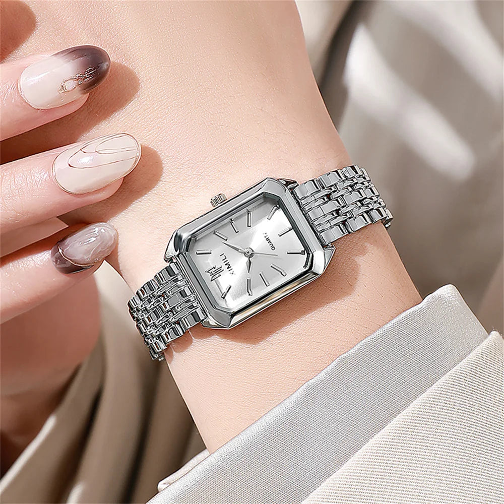Gold Plated Women Watches Business Stainless Steel Folding Clock