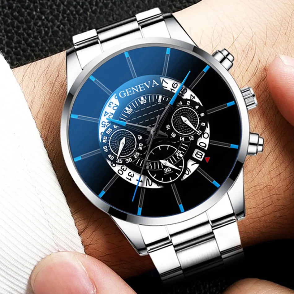 2pcs Luxury Men Business Watch Stainless Steel Calendar