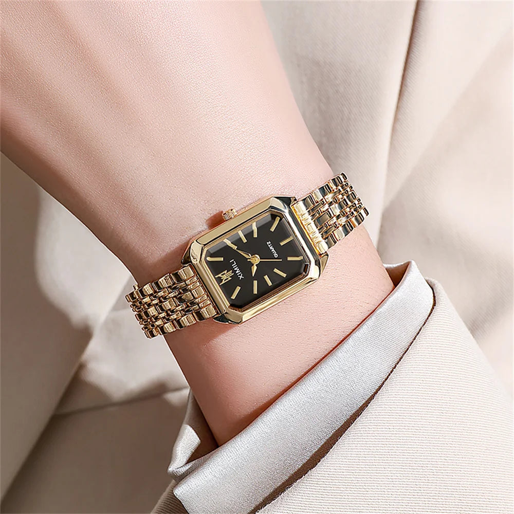 Gold Plated Women Watches Business Stainless Steel Folding Clock
