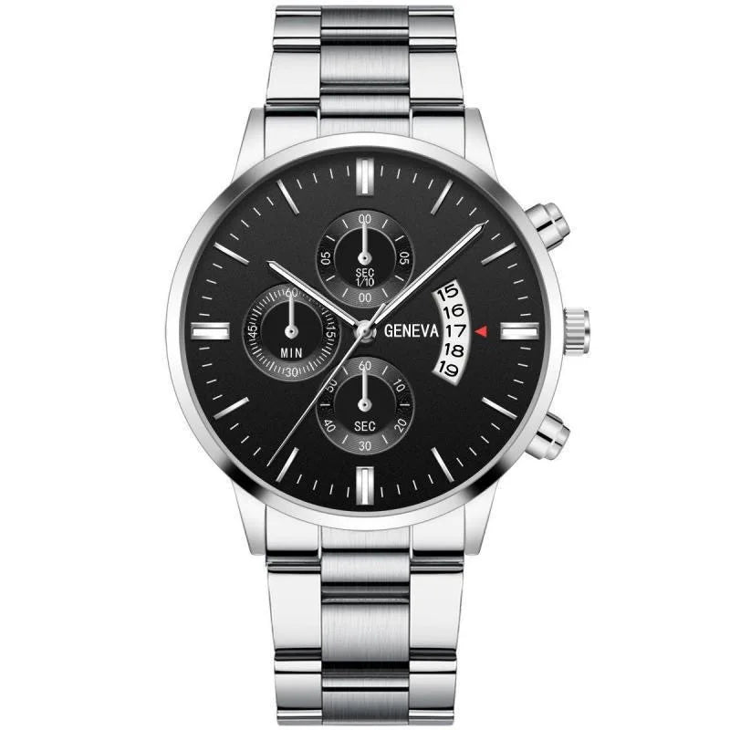2pcs Luxury Men Business Watch Stainless Steel Calendar