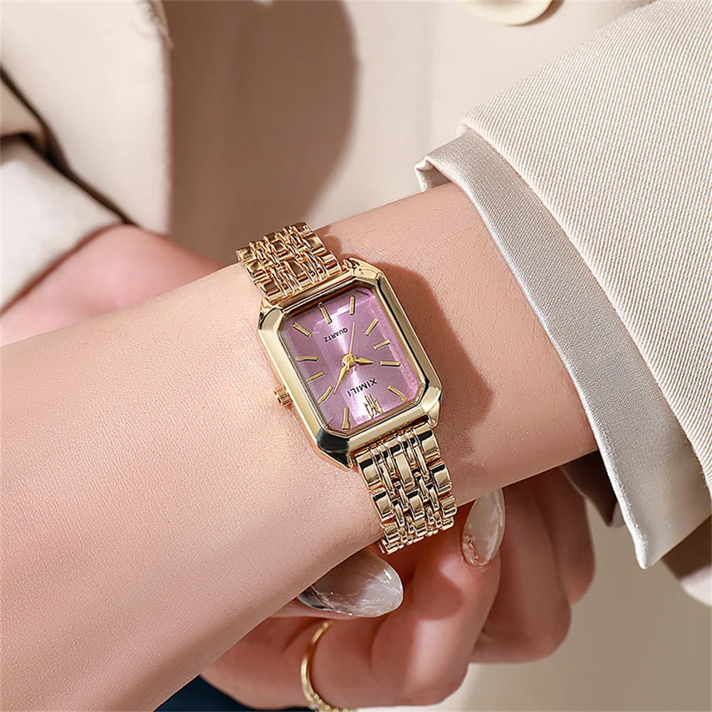 Gold Plated Women Watches Business Stainless Steel Folding Clock