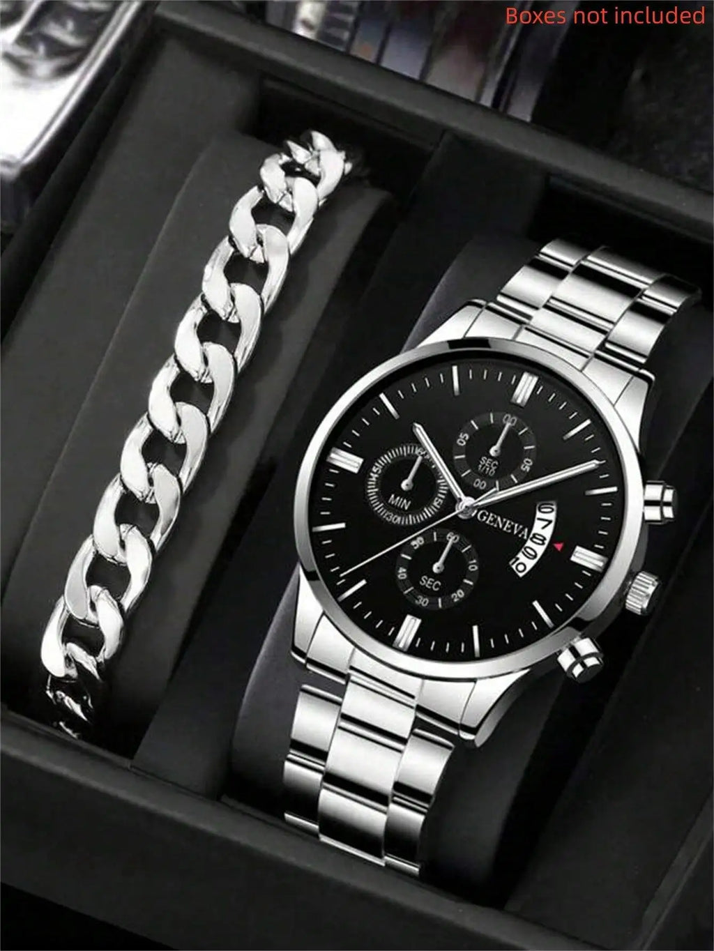 2pcs Luxury Men Business Watch Stainless Steel Calendar