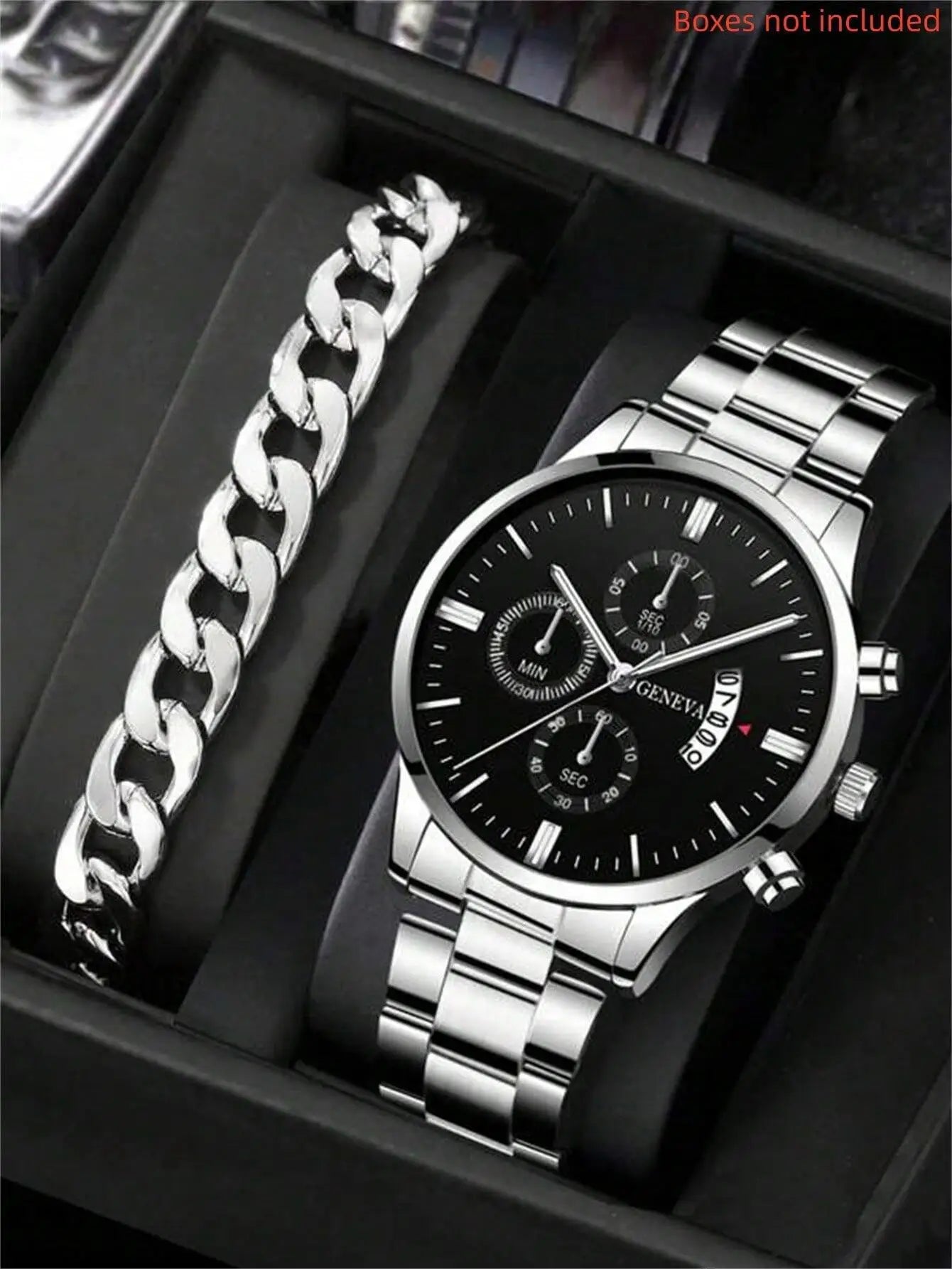 2pcs Luxury Men Business Watch Stainless Steel Calendar