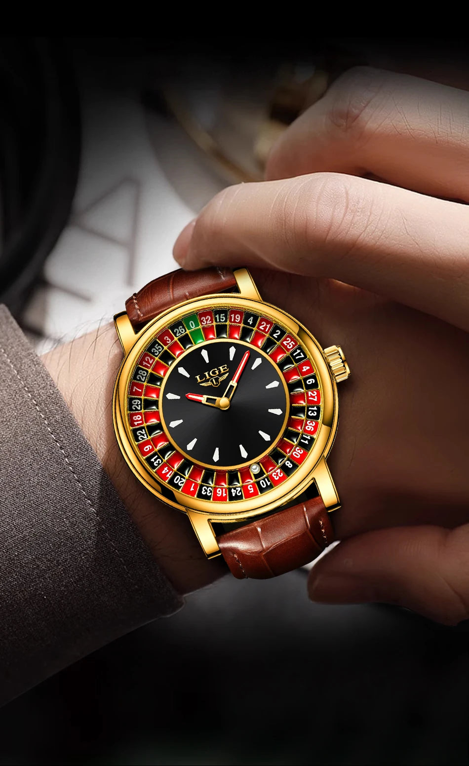LIGE Fashion Brown Leather Watch Men