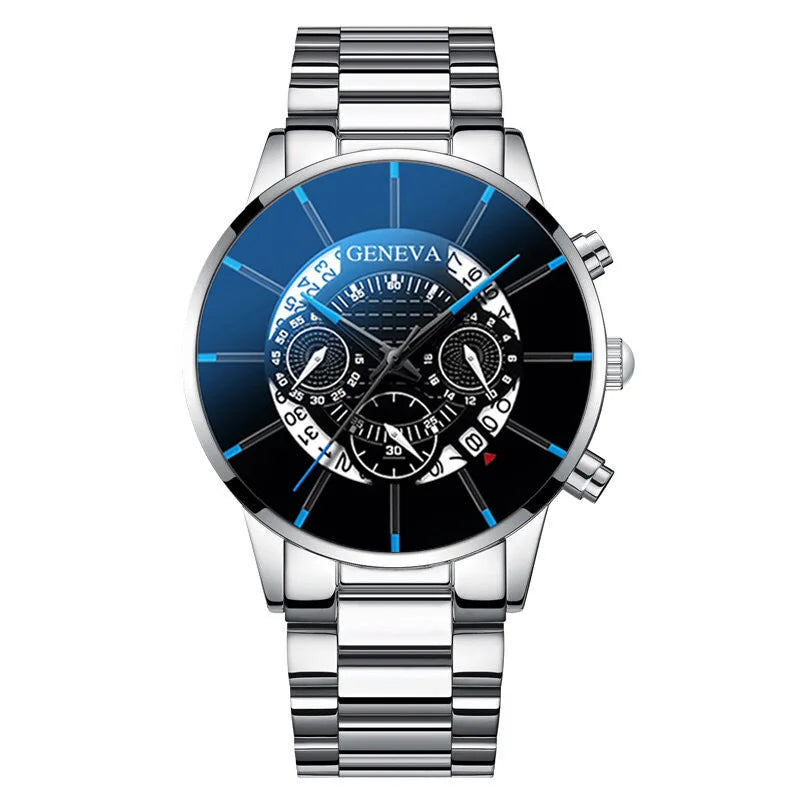 2pcs Luxury Men Business Watch Stainless Steel Calendar