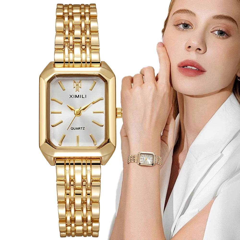 Gold Plated Women Watches Business Stainless Steel Folding Clock