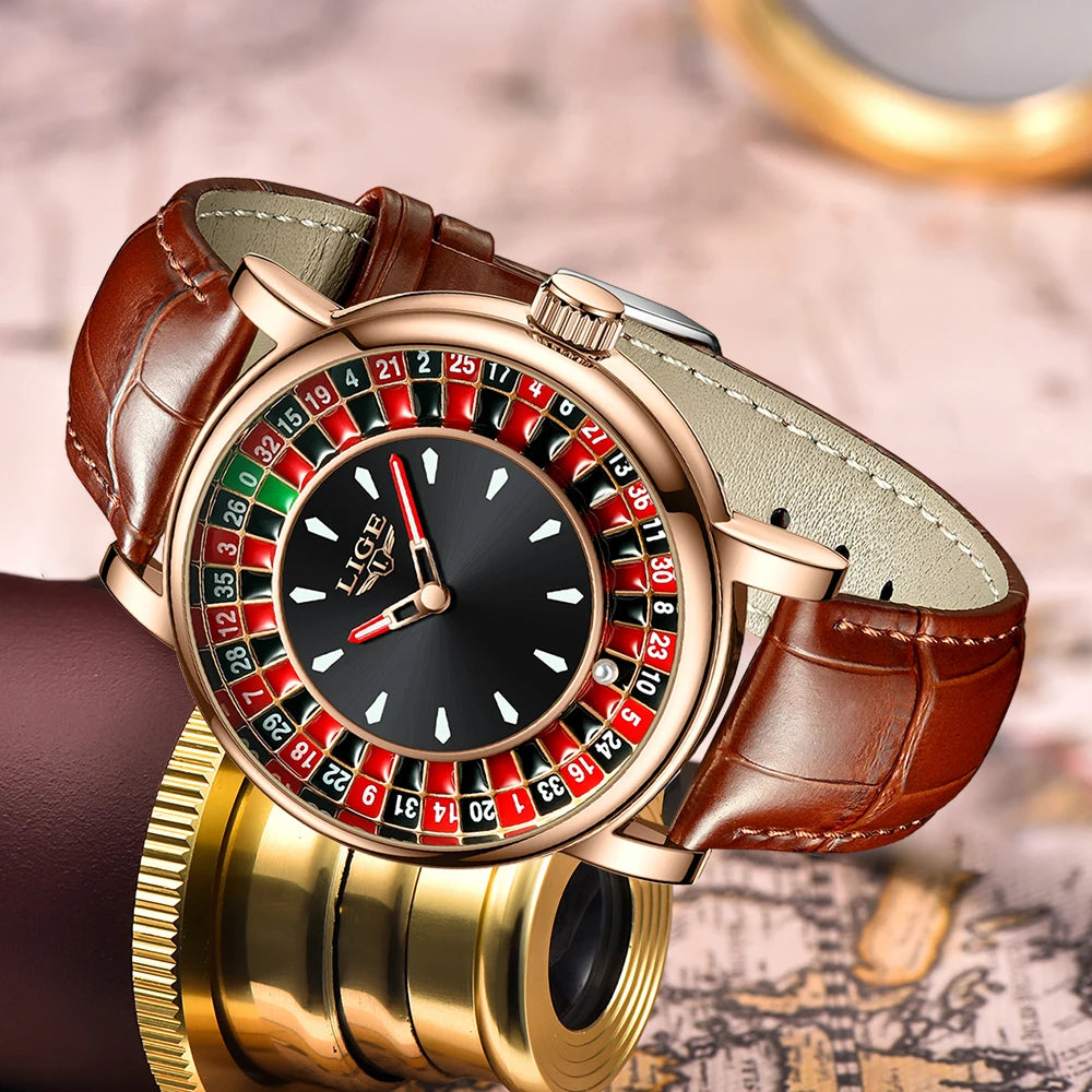 LIGE Fashion Brown Leather Watch Men