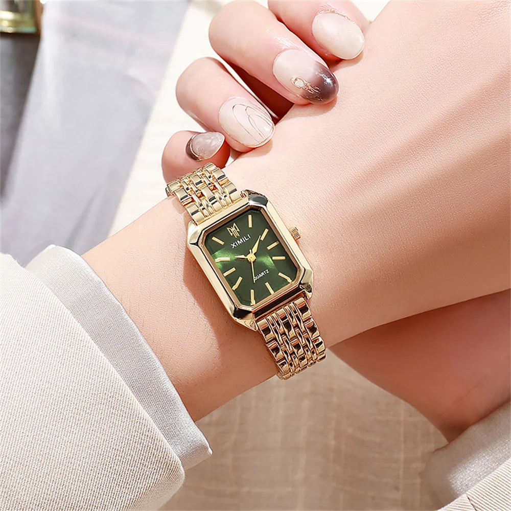 Gold Plated Women Watches Business Stainless Steel Folding Clock