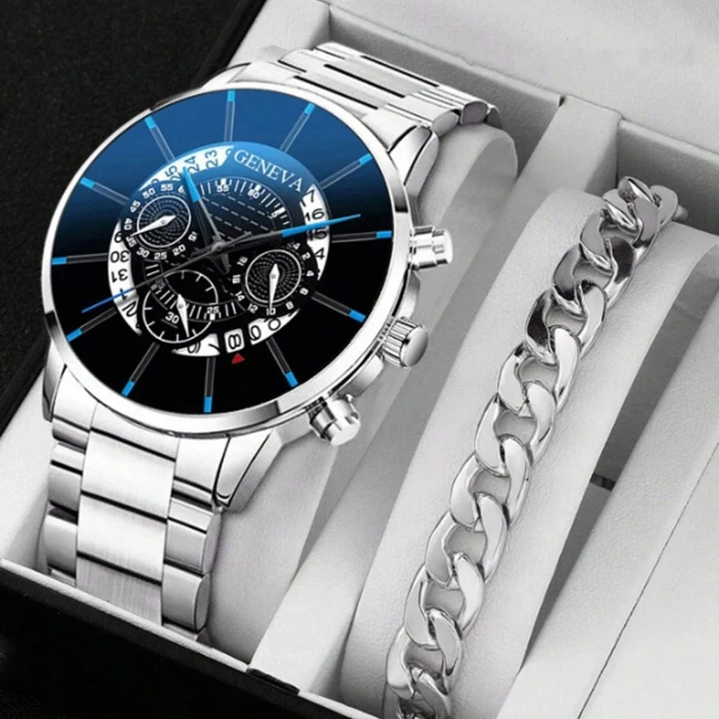 2pcs Luxury Men Business Watch Stainless Steel Calendar