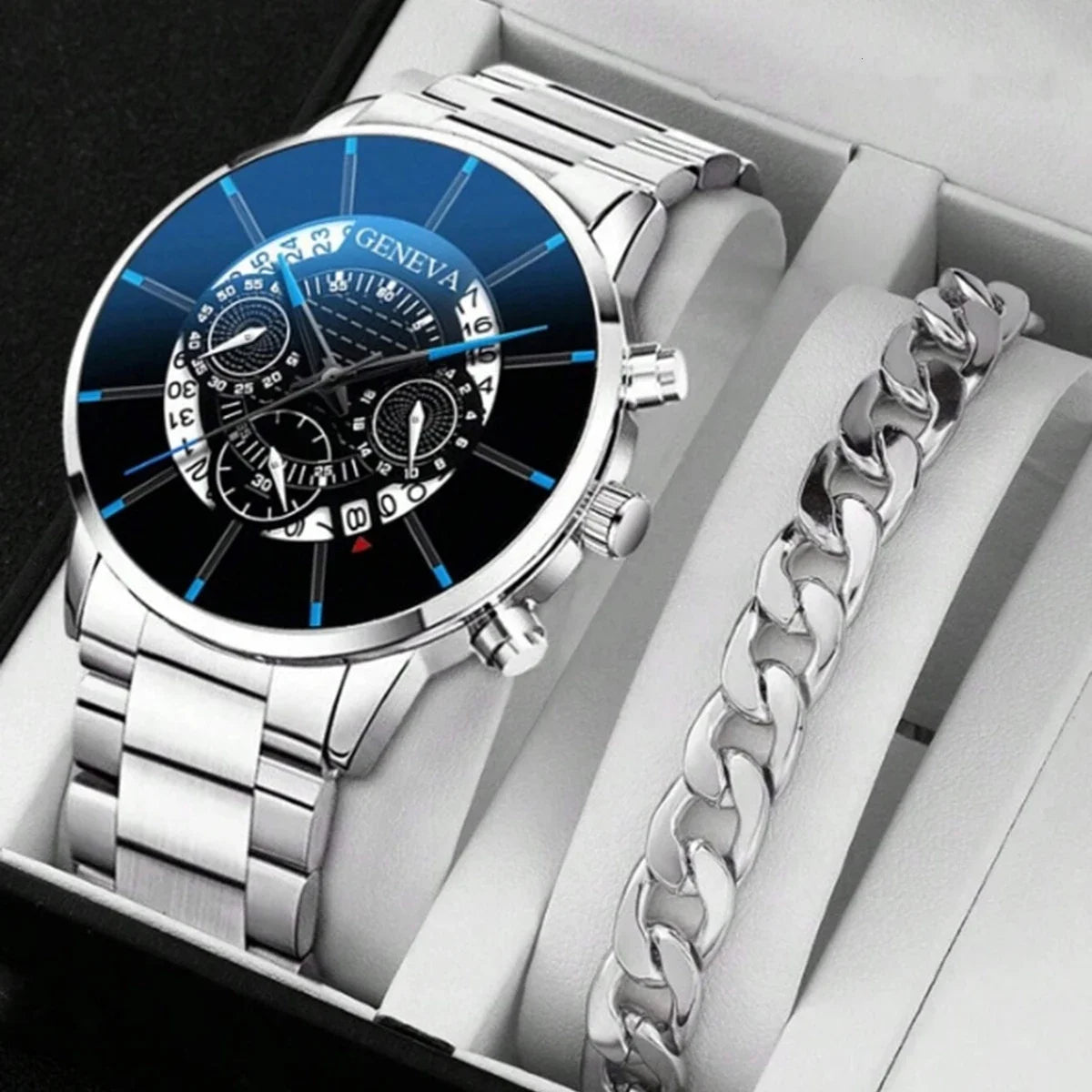 2pcs Luxury Men Business Watch Stainless Steel Calendar