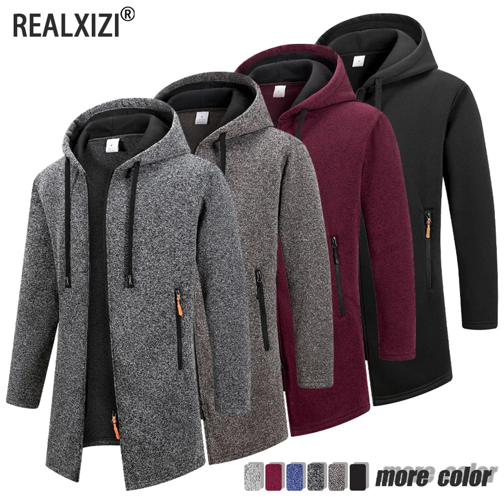Autumn Winter Men's Hoodies Jacket Fleece Warm Zipper Hooded Sweatshirts Loose Casual Long Sleeve Coat Solid Color Outerwear