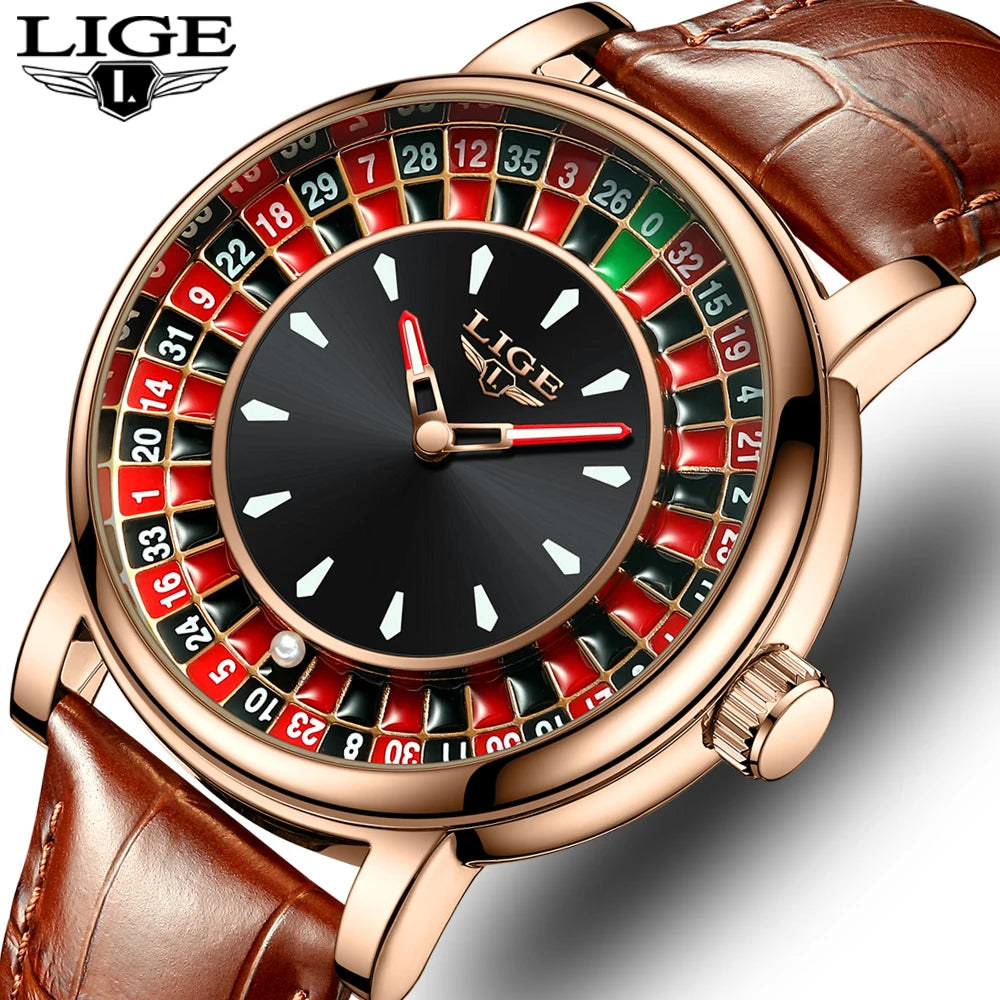 LIGE Fashion Brown Leather Watch Men