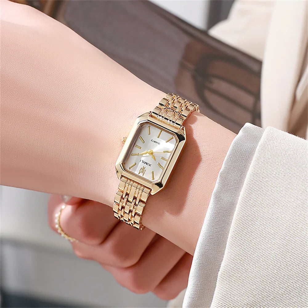 Gold Plated Women Watches Business Stainless Steel Folding Clock