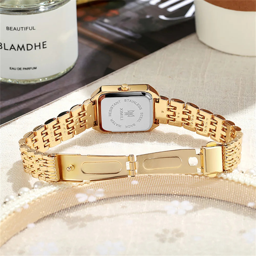 Gold Plated Women Watches Business Stainless Steel Folding Clock