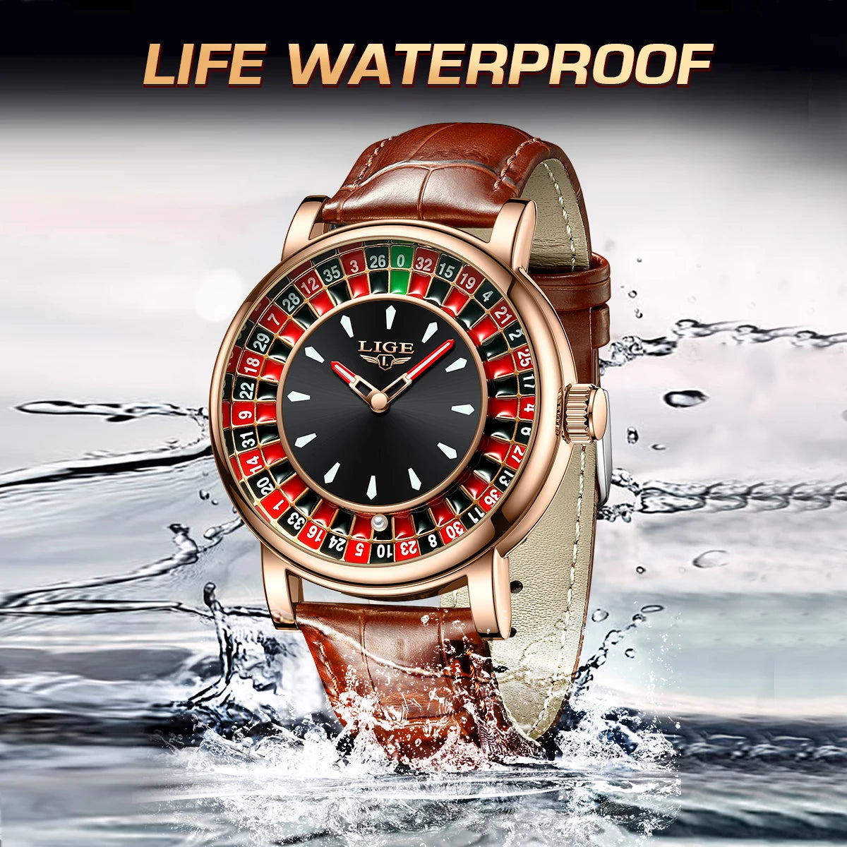 LIGE Fashion Brown Leather Watch Men